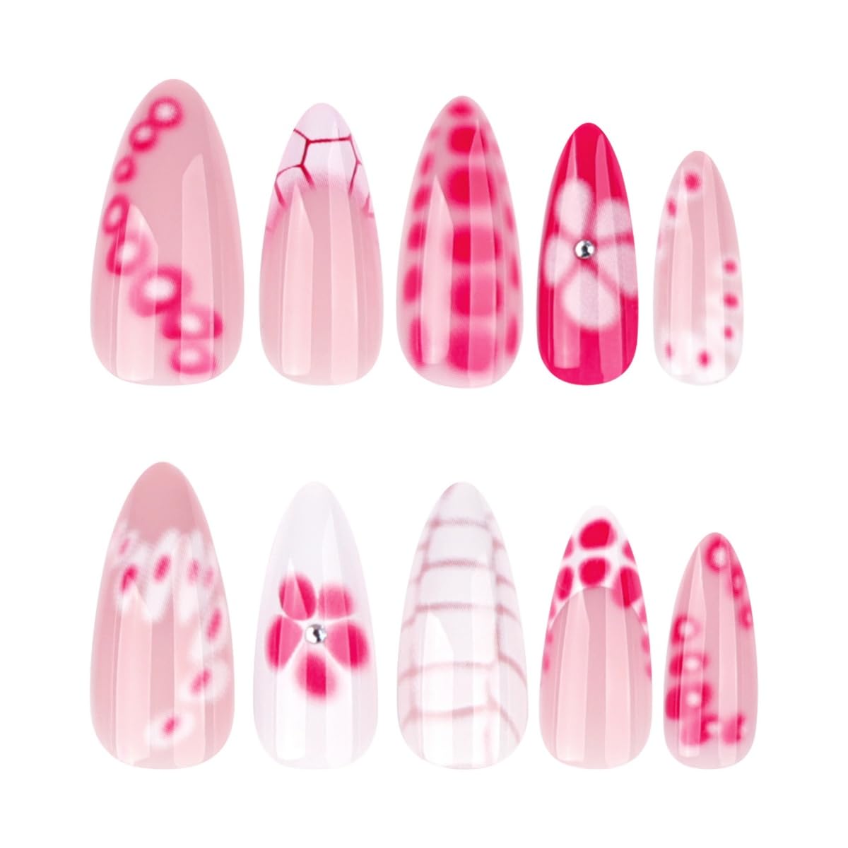 French Tip Press on Nails Medium Almond Summer Flower Fake Nails with Glue Gemstone Stick on Nails Full Cover Pink White Glossy False Nails for Women DIY Manicure Decoration 24PCS