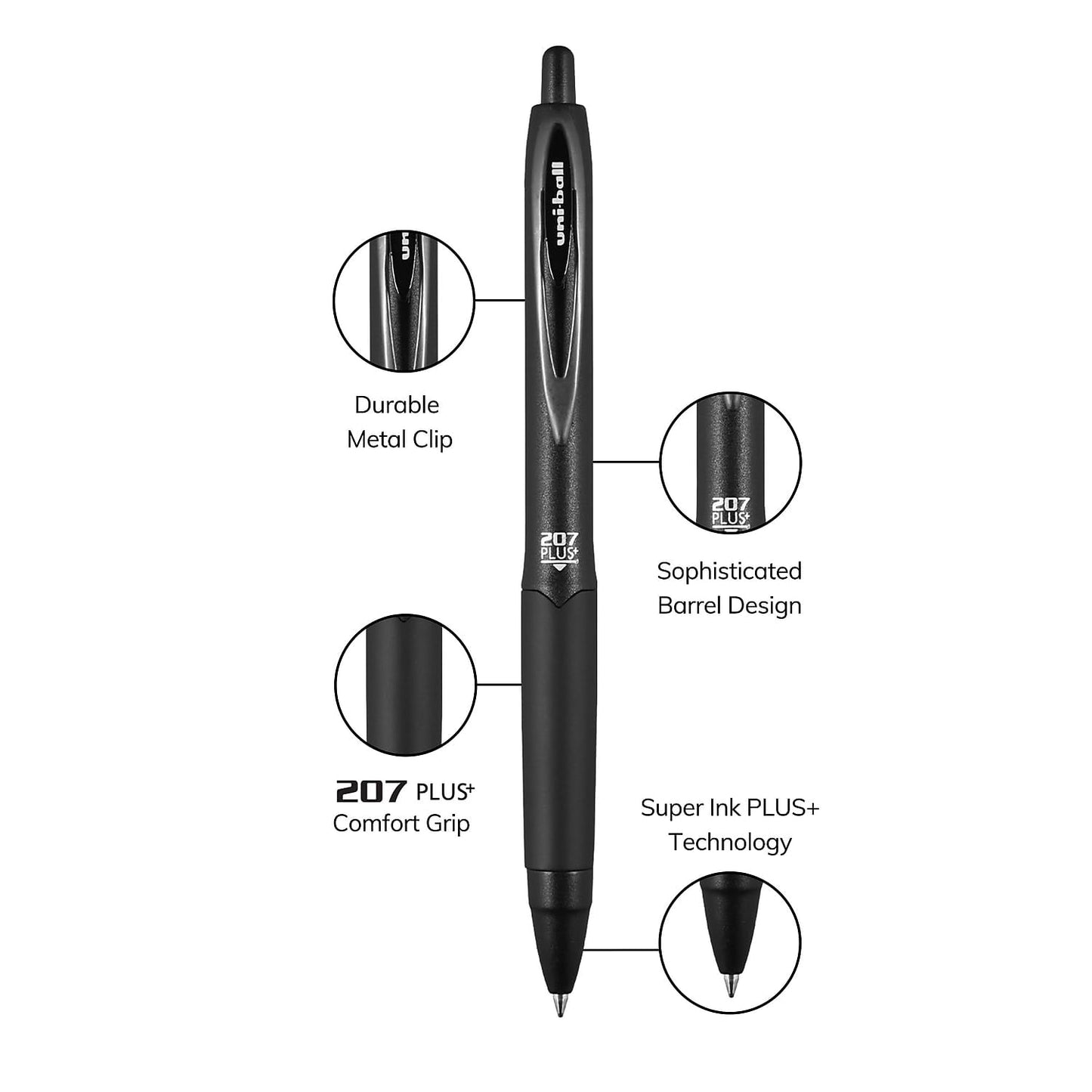 uniball™ 207 Plus+ Retractable Gel Pens, Medium Point (0.7mm), Black Ink, 12 Pack