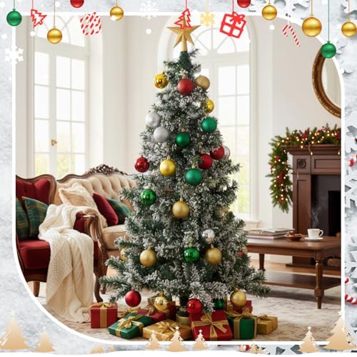RoundFunny 25 Pcs Mini Christmas Balls Ornaments Set 2.36 Inch Christmas Day Ball Topper Star Tree Hanging Ornaments for Party Decoration(Classic Colors)