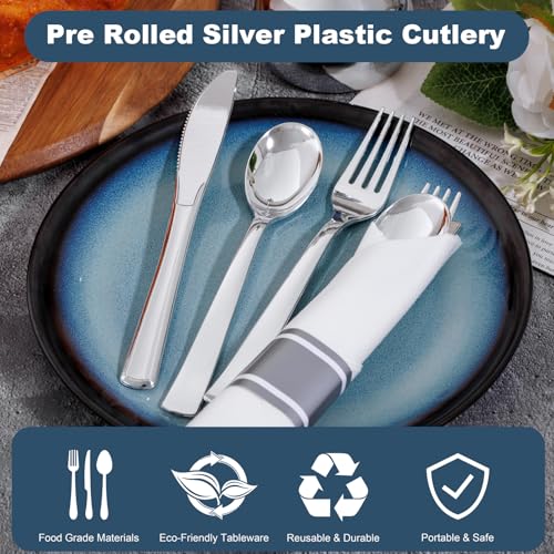 50Guests Pre Rolled Silver Plastic Silverware Sets - Heavy Duty Silver Cutlery - Include 50 Pack Wrapped Disposable Utensils with Napkins for Parties & Dinners & Weddings - color: 50Pack - Silver
