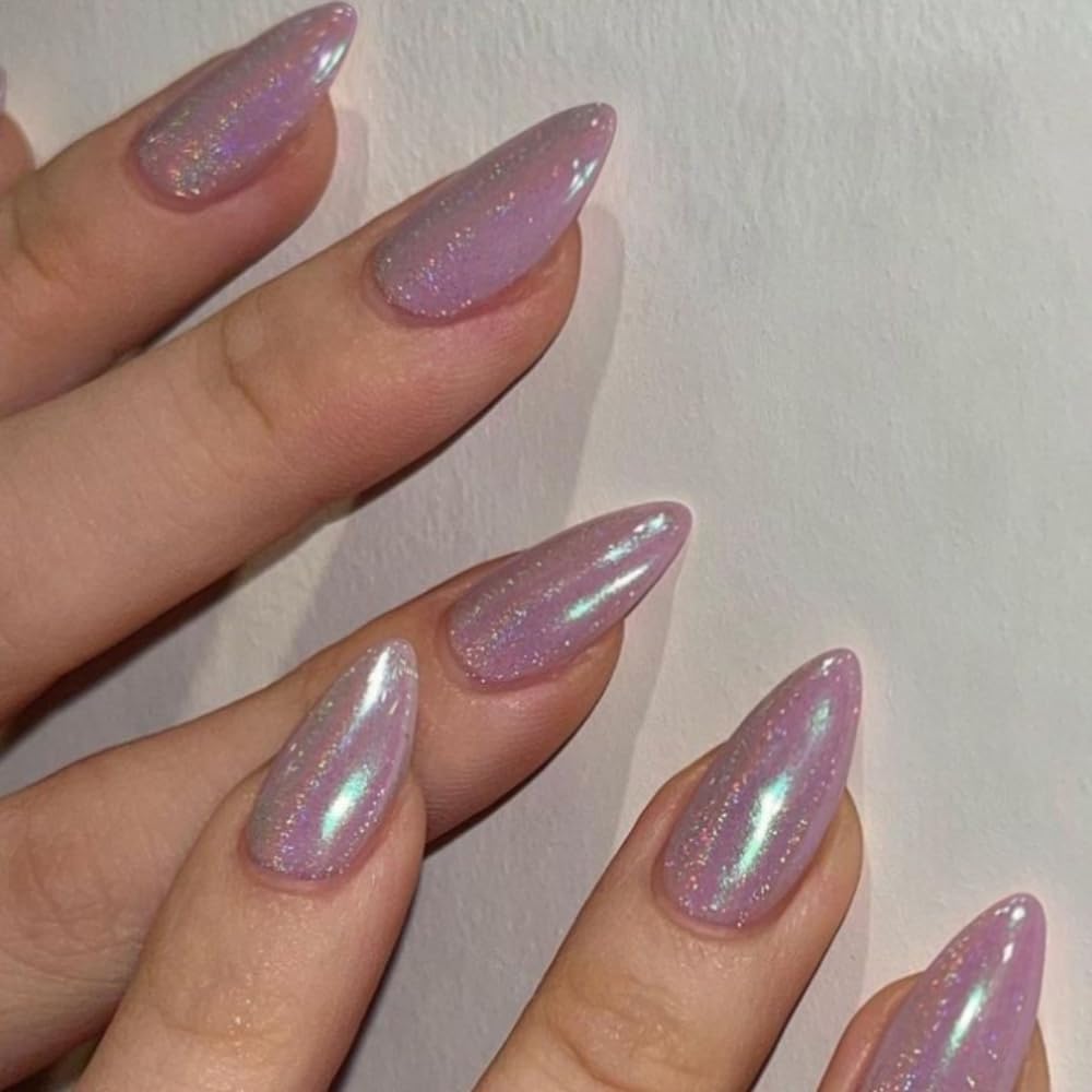 Glitter Pink Press on Nails Medium Stiletto Almond,KQueenest Pure Color Acrylic Nails Kit Reusable Fake Nails Feature Protective UV Coating for Women Nail Art Manicure in 24PCS