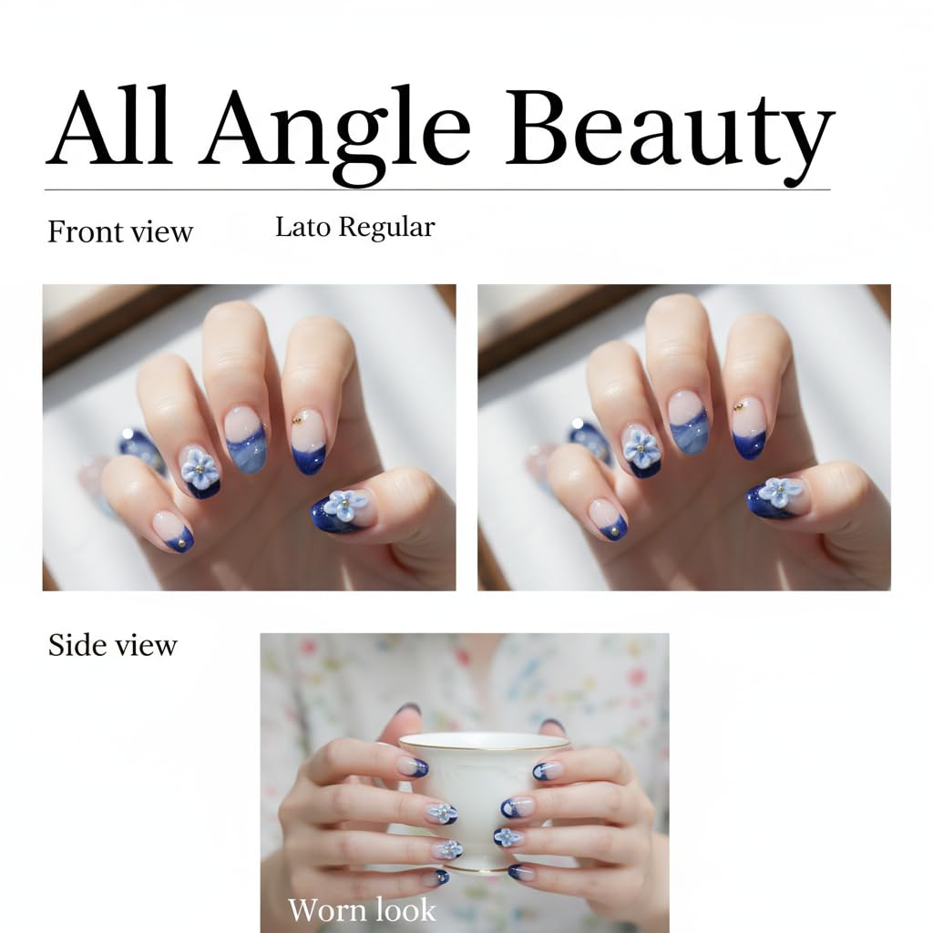 Almond Medium Handmade Press on Nails Fake Nails Blue French Tip with 3D Flower Designs luxury Glossy Cute Acrylic Nails for Women 10pcs (Size M）