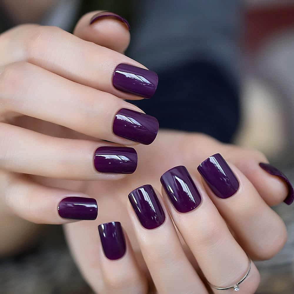 iBeautying Press on Nails - Dark Purple Pure Color False Nails | UV Full Cover Finish Short Squoval Shape Reusable Fake Nails in 10 Sizes - 24 Nail Kit with Jelly Glue Pad