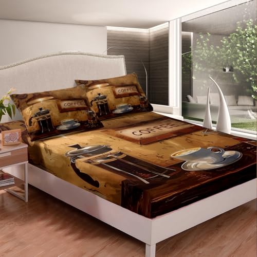 Feelyou Coffee Bed Sheets Set Queen Size Coffee Theme Bedding Set for Kids Boys Girls Coffee Drink Cup Sheets with Deep Pocket Fitted Sheet Enjoyable Bedding Set - color: Auburn, size: Queen