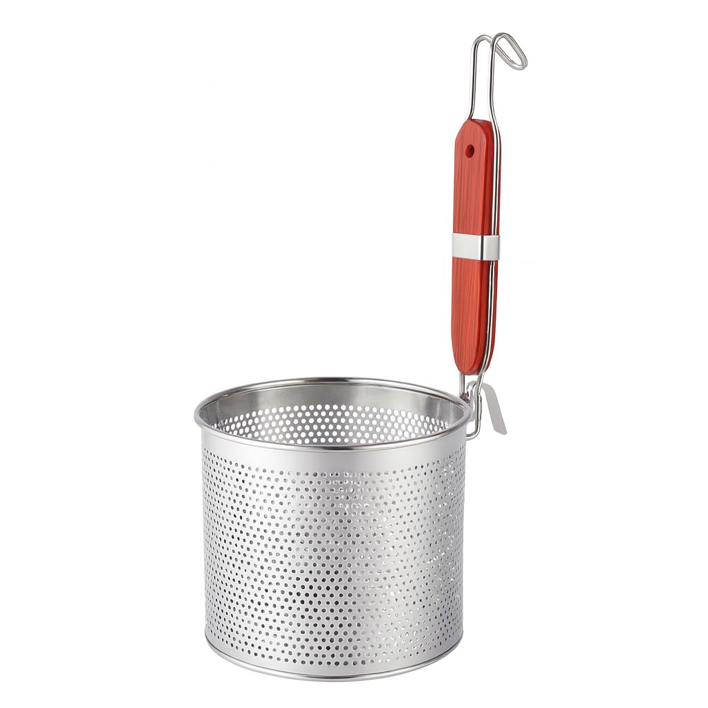 Mesh Pasta Basket Food Strainer Insert For Pot, Colander with Round Wooden Handle Stainless Steel Mesh Spider Strainer for Pasta Noodles Dumpling Vegetable (7 Inches)