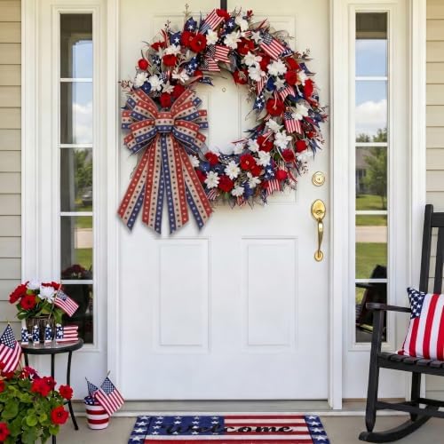 Large 4th of July Patriotic Wreath Bow USA 250th Anniversary Ribbon Bows for Wreaths, Stars and Stripes Tree Topper Bow Red White and Blue Decor Bows for Home Indoor Outdoor Wreath Ornament (Style A)