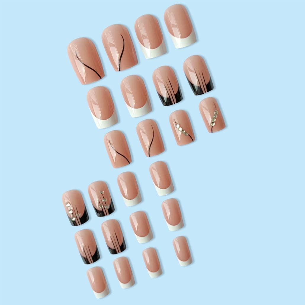 Foccna Square Press on Nails Rhinestone Black Fake Nails Tips Women's French False Nails White Medium Glossy Daily Wear Artificail Nails for Nail Art Manicure Decoration 24pcs