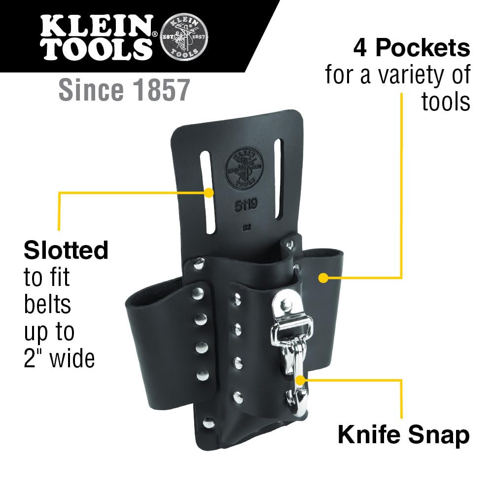 Klein Tools 5119 Tool Pouch, Multi Tool Holder with 4 Pockets and Knife Holder is Great for Electrician Gifts