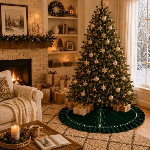 Christmas Tree Skirt,Velvet Tree Skirt with Ruffled Edge with Pearls, Classic Large Velvet Fur Plush Tree Skirt for Merry Christmas(DarkGreen,36Inch)