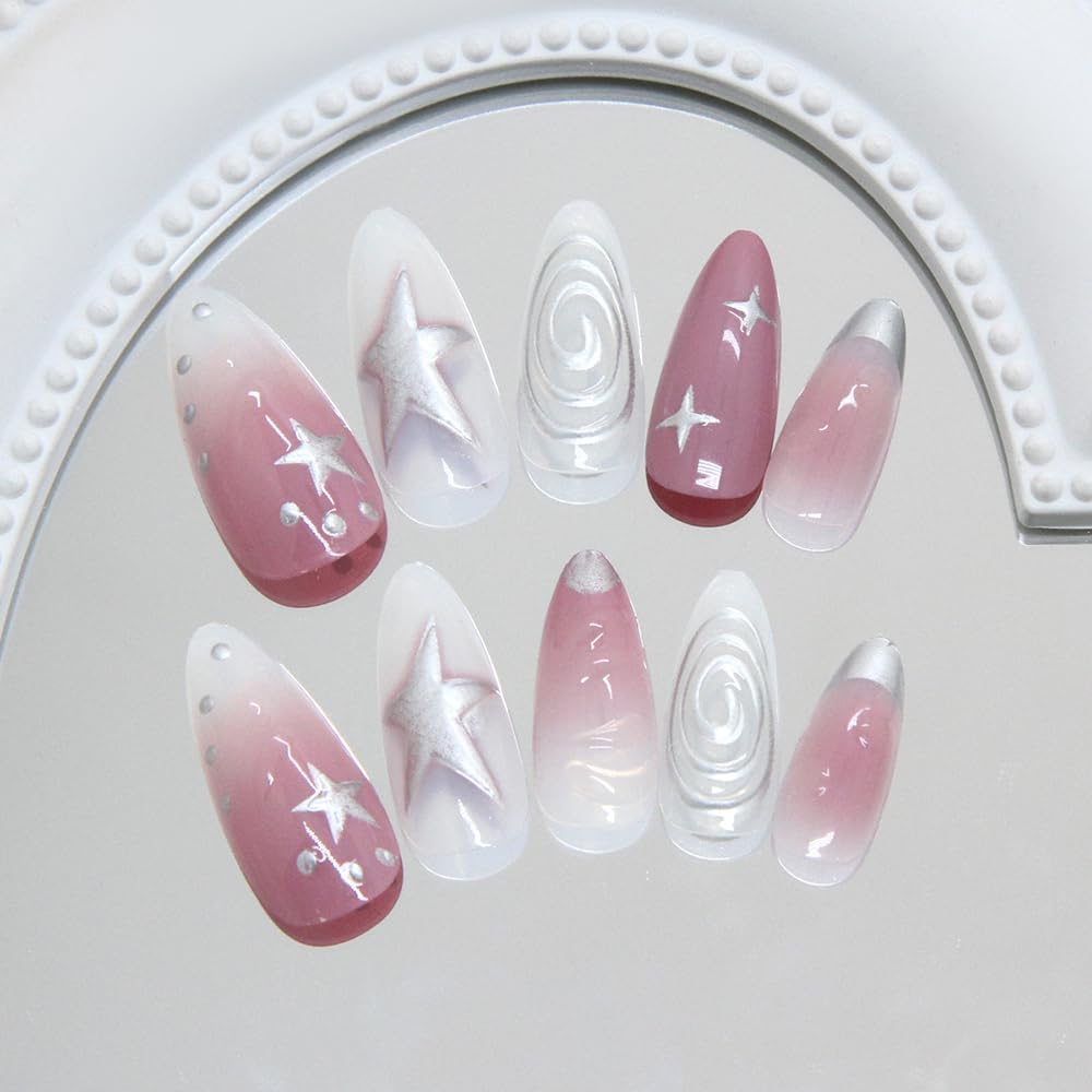 24 Pcs Summer Press on Nails Short Almond,MINGCHUN Pink Fake Nails Press ons Acrylic Nail Art Tips Kit Full Cover False Nails Glue on Nails with 3D Texture Star Circle Design for Women Nail Supplies