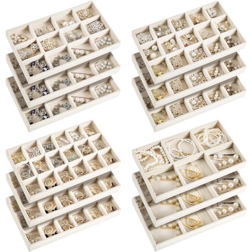 Junkin 12 Pcs Jewelry Tray Velvet Stackable Jewelry Organizer Trays Divided Earring Accessories Storage Containers Box (Rose Red) - color: Beige