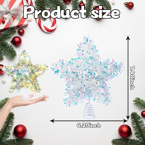 Christmas Tree Topper Star Sparkly Tinsel Star for Christmas Tree Decoration 6 Inch Iridescent Holiday Treetop Stars for Small Tabletop Tree Battery Operated Fairy Light Tinsel Topper for Xmas Tree