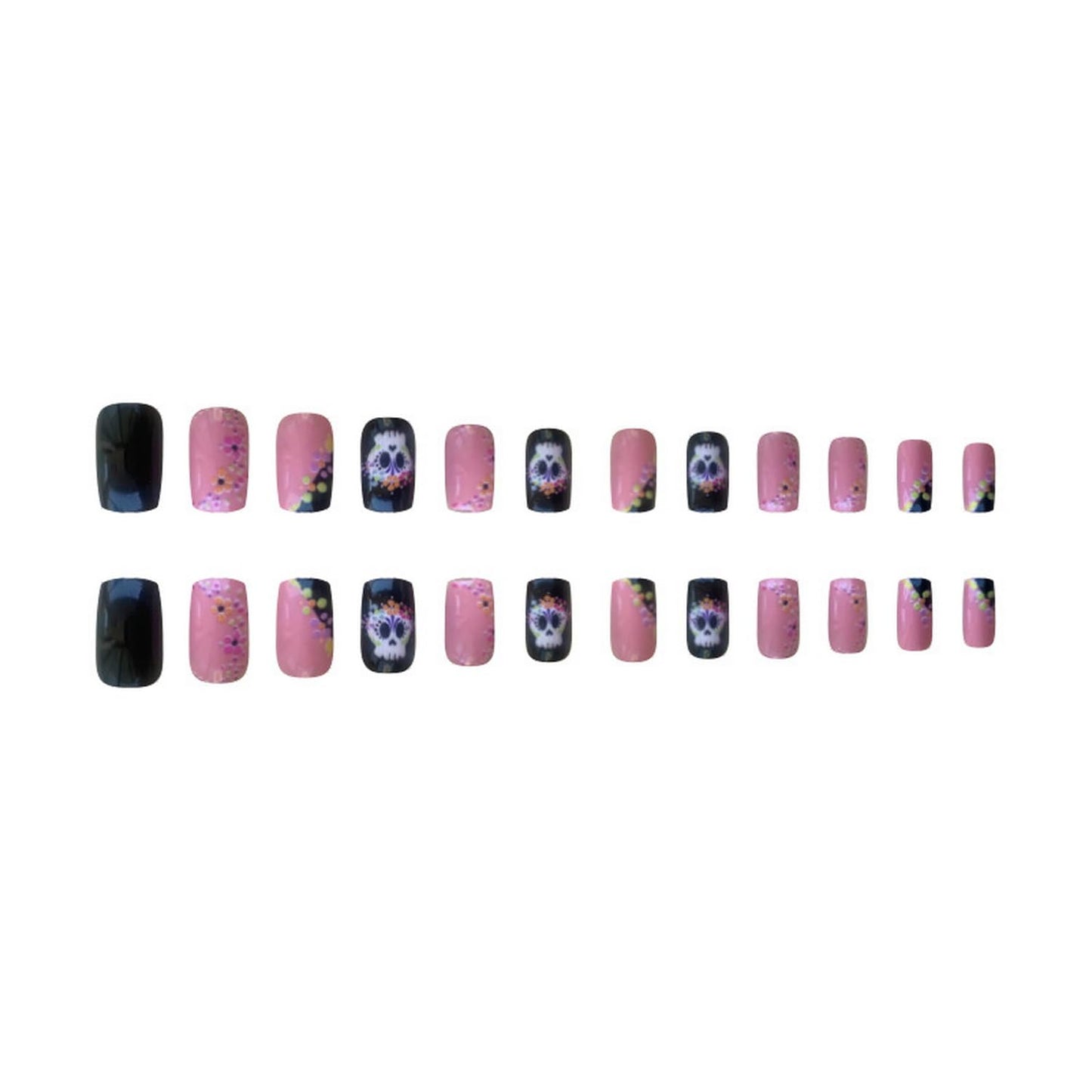 Halloween Press on Nails Short Square Fake Nails with Cute Skull Designs Pink and Black Acrylic False Nails Halloween Nails Full Cover Stick on Nails for Women24pcs