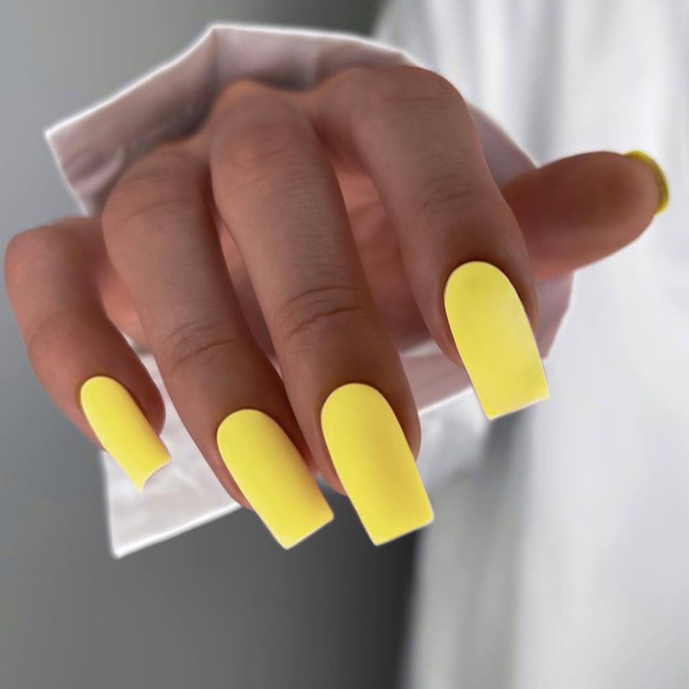 Matte Yellow Press On Nails Medium Long Square, Coffin Acrylic Press Ons, Glue On Medium Length, Solid Color Fake Cherry Yellow Thick Stick On Nails for Women