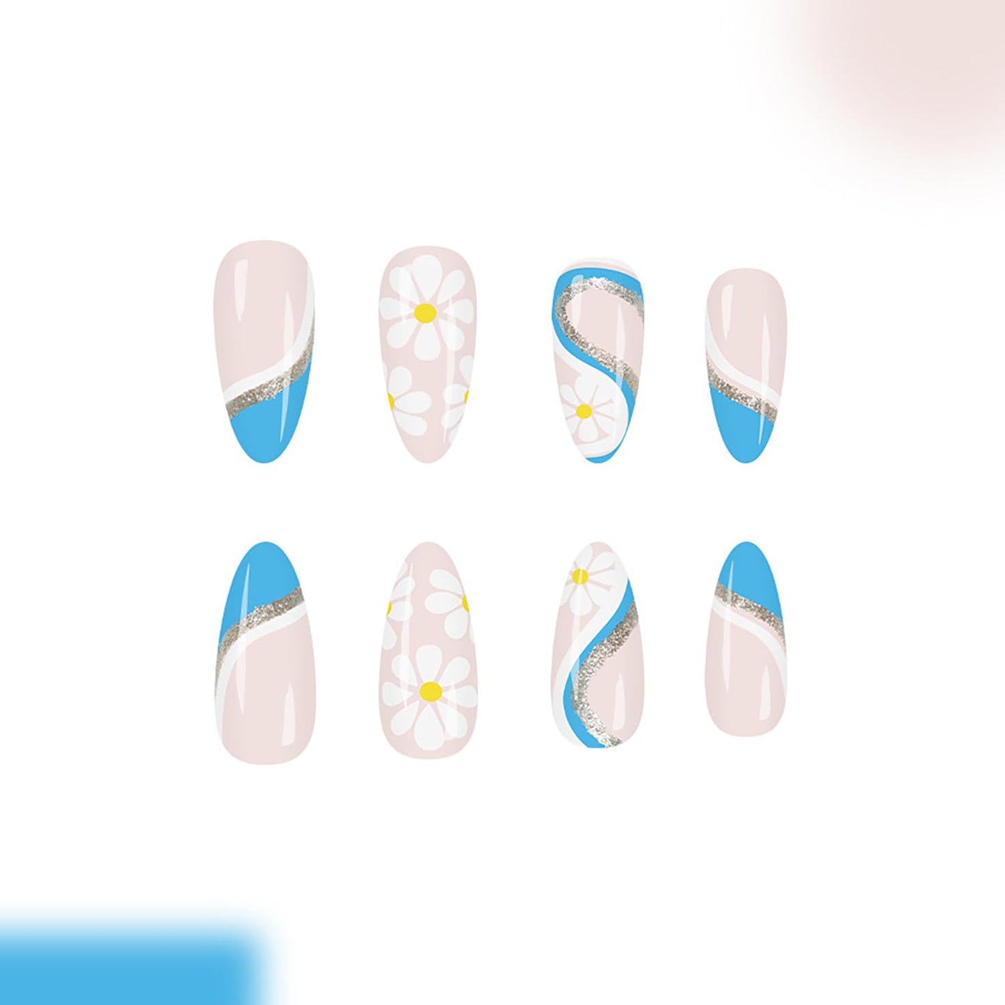 White Daisy Press on Nails Medium Almond Fake Nails with Glitter Blue Stripe Designs Blue French Tip False Nail Spring Summer Flowers Stick on Nail for Women 24Pcs