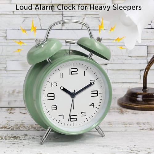 Azyh Loud Alarm Clock for Heavy Sleepers Adults, Metal 4 Inches Twin Bell Battery Operated Alarm Clocks for Bedrooms Decoration, Silent Non-Ticking Back-to-School Gift (Mint Green)