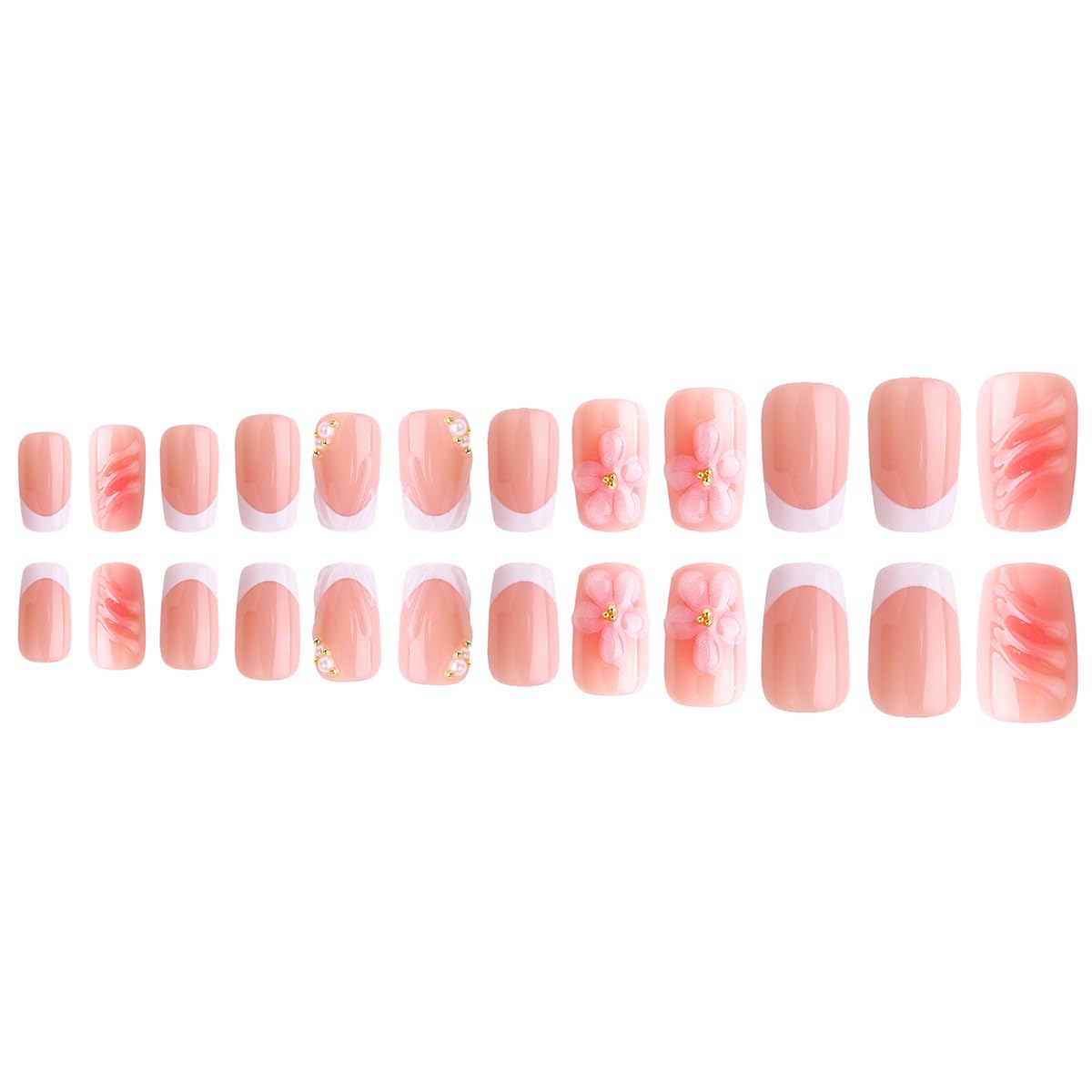 Medium Press on Nails Square White French Tip Fake Nails with 3D Flower Shell Rhinestone Pearl Design Full Cover Spring Stick on False Nails for Women 24 Pcs