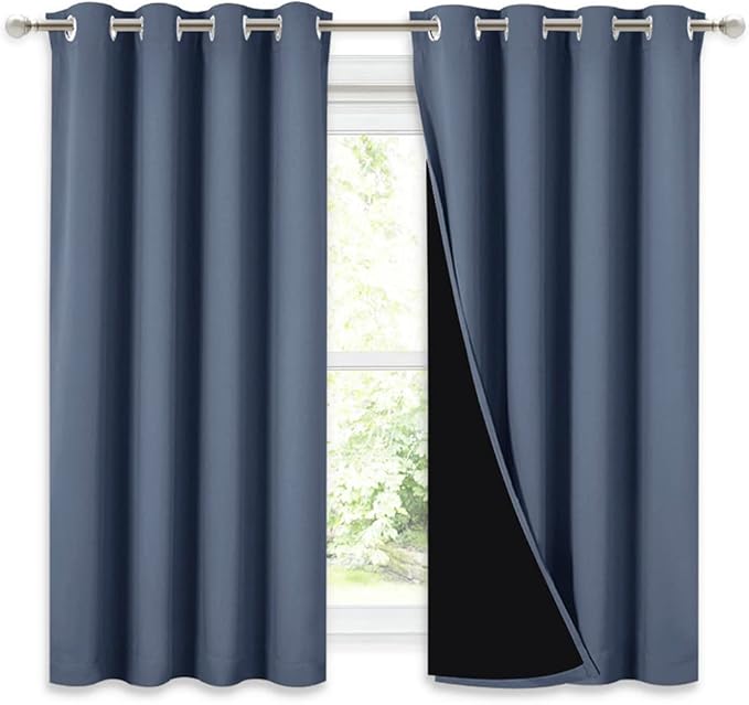 NICETOWN 100% Blackout Curtains with Black Liners, Thermal Insulated Full Blackout 2-Layer Lined Drapes, Energy Efficiency Window Draperies for Boy's Room (Stone Blue, 2 Panels, 52-inch by 54-inch)