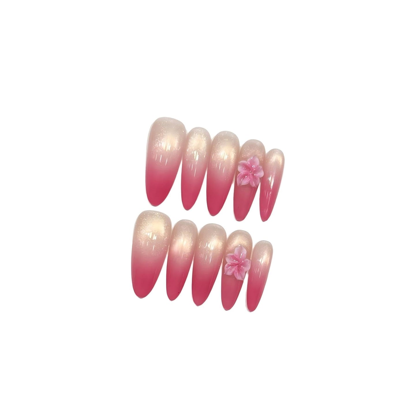Romantic Pink Ombre Press On Nails, 3D Floral Embellished Long Almond Fake Nails, Reusable Manicure Set (L)
