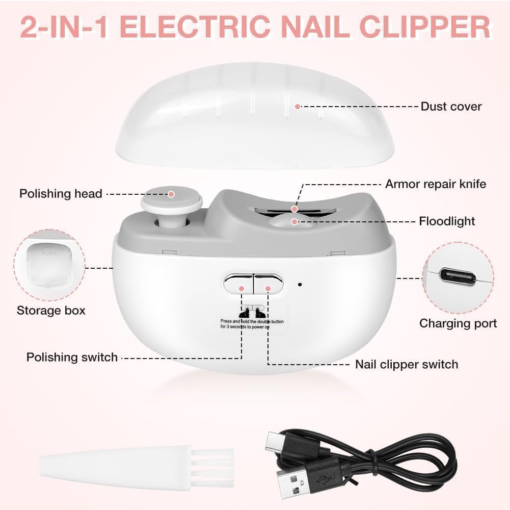 Electric Nail Clippers,2026 New 3-in-1 with LED Light & Polishing 2 Adjustable Speeds for Nail Trimmer for Suitable for Adults, Seniors and Baby