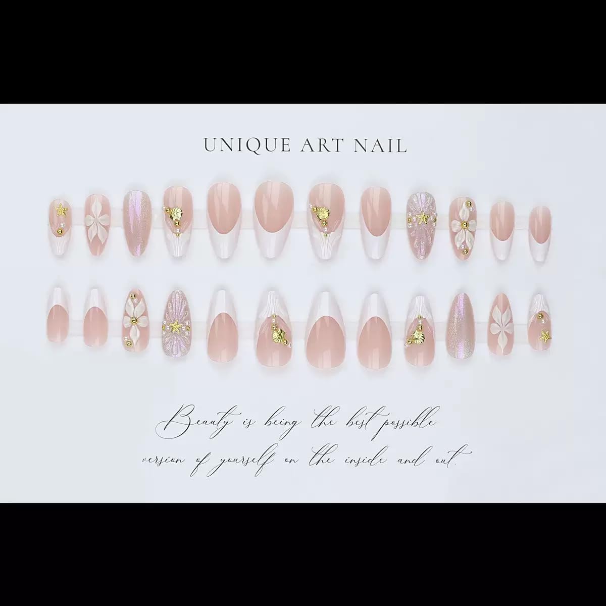 CTTHNBD Medium Press on Nails Almond - French Tip Fake Nails with Shell Star Design - Summer, Flower False Nails Press ons - for Women 24 Pcs