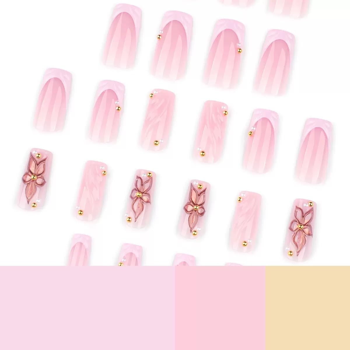 CTTHNBD Medium Press on Nails Square - Pink French Tip Fake Nails with Flower Design - Summer Full Cover Stick on Nails for Women - 24 Pcs