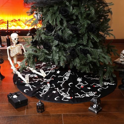 Gothic Christmas Tree Skirt, 36 Inch Dancing Skeletons Black White