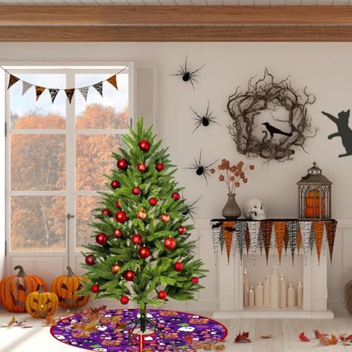 Fall Tree Skirt Halloween 36 Inch Reversible Thanksgiving Day Double Sided Print Mat Christmas Party Supplies for Home Tabletop Trees Holiday Decoration (Fall/Halloween)