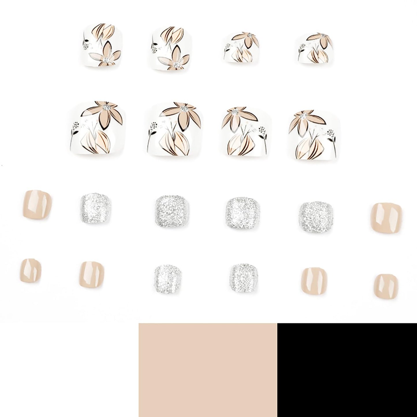 Vezocim Press on Toenails With Brown Flower Designs, 24Pcs Artificial Fake Nails for Toe, Glossy Full Cover Square Acrylic False Toenails, Glue Ons With Charm for Women
