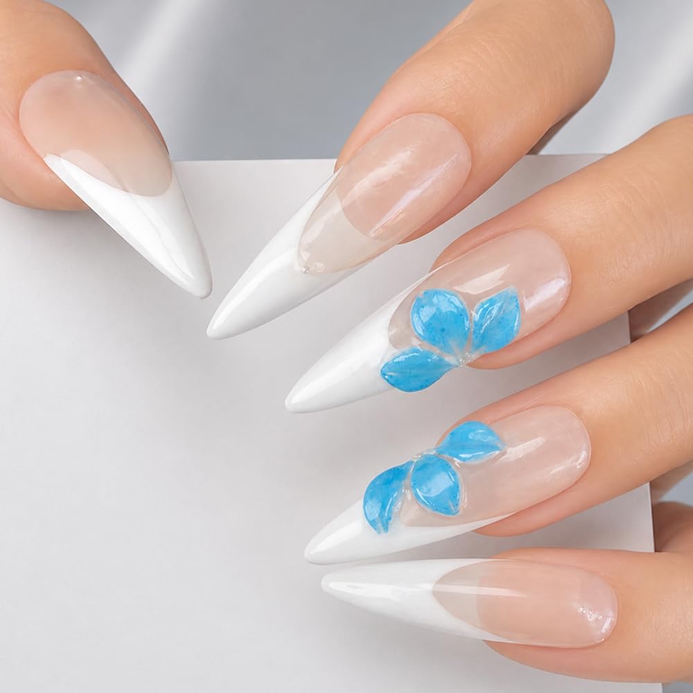 2IM Studio Handmade Press On Nails – 10 Piece Soft Gel Nail Kit with Glue & Tool Set, Reusable Artisan Nails, Salon-Quality Finish (Blue Blossom-M)