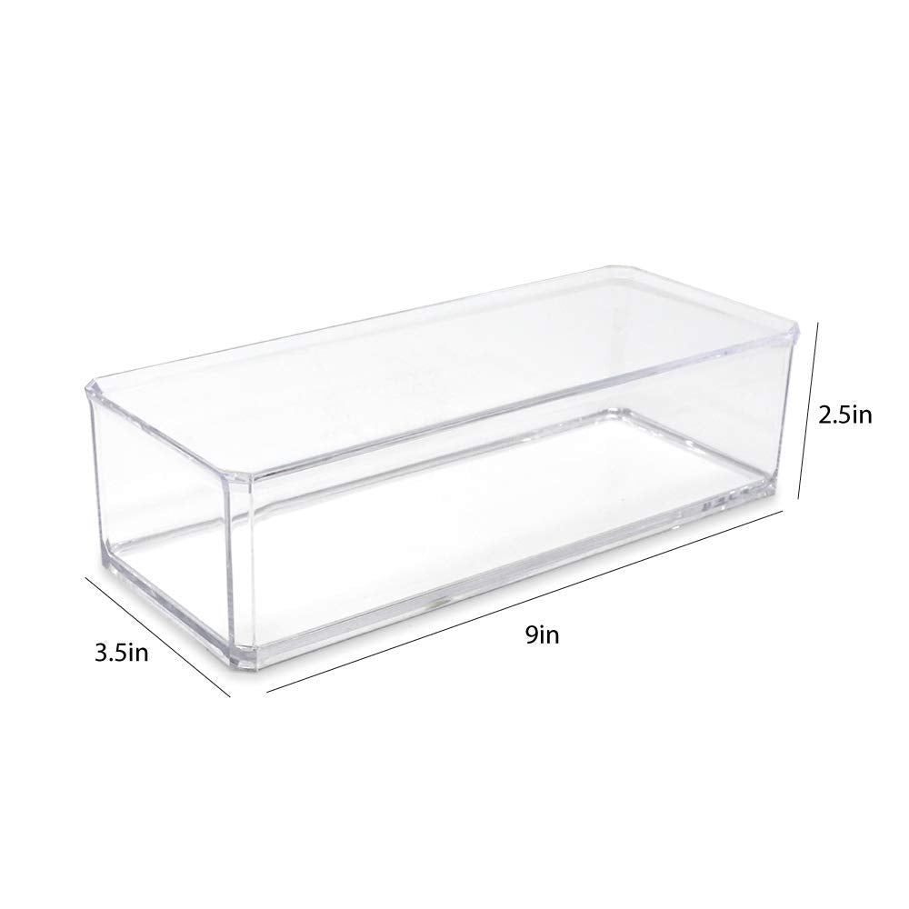 Isaac Jacobs Clear Acrylic Rectangular Stackable Storage Organizer, (9"L x 3.5"W x 2.5"H) Drawer Tray without Lid, Open-Top Organizer, Multi-Functional, Bathroom, Kitchen, Home, Office, Desk, Drawers