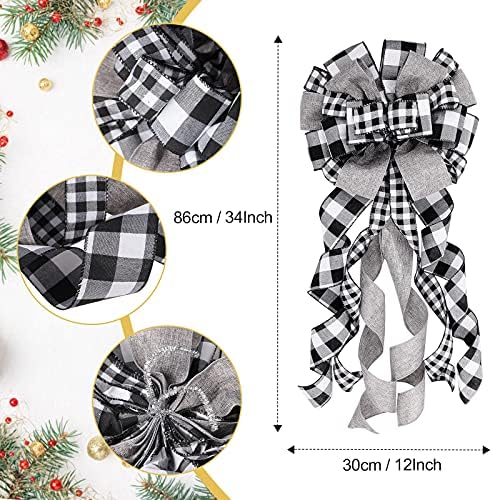 Syhood 13 Pcs Christmas Bow Tree Topper Set Black White Buffalo Plaid