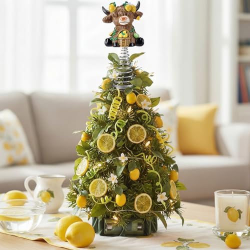 Gejoy Summer Lemon Highland Cow Miniature Tree Topper, 5.1 Inch Mini Resin Cow Treetop Decorations & Metal Spring Base, Cute Calf Lover Gifts for Farmhouse Home Kitchen Holiday Tiered Tray Desk Decor