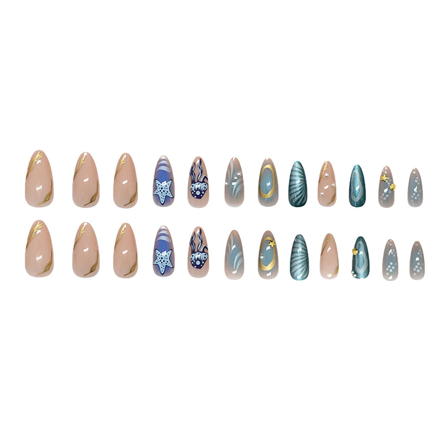 RIICFDD 24 Pcs Medium Press on Nails Almond Shape Fake Nails Blue Nails Press ons Pearl Shell Stick on Nails Starfish Medusa Glue on Nails Full Cover Ocean Theme Acrylic Nails for Women Nail Art
