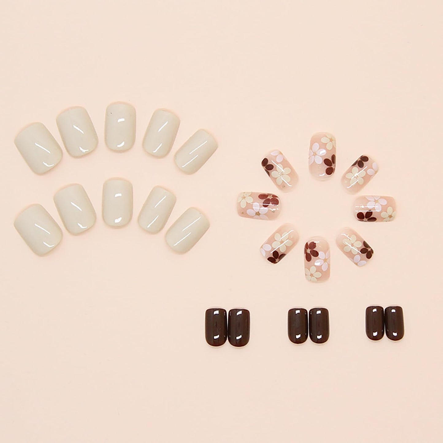 Flower Press Short Square False Nails - Light Brown Full Cover Glossy Acrylic Artificial Stick-On Nails - Solid Color Reusable Glue-On Manicure Kit for Women