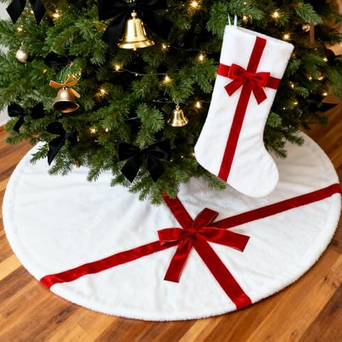 Christmas Tree Skirt 48 Inch, White Tree Skirt with Red Bow,Christmas Decorations,Xmas Tree Skirt for Home Party Holiday Indoor Outdoor Decorations (48inch +18inch Christmas Stocking)