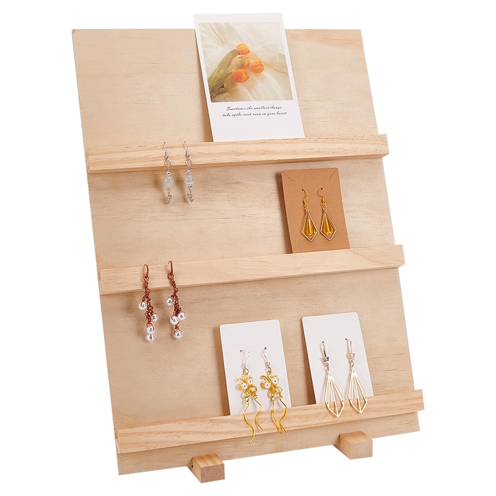 PH PandaHall 3 Tier Wood Earring Card Holder, Retail Jewelry Display Rack Photos Card Display Stand Rack Rustic Earring Display Stand for Displaying Earring Bookmarks Stickers Jewelry Exhibition