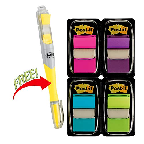 Post-it Flags Value Pack, 50/Dispenser, 4 Dispensers/Pack, 1 in Wide, Assorted Bright Colors, Includes FREE Flags + Highlighter (680-PPBGVA)