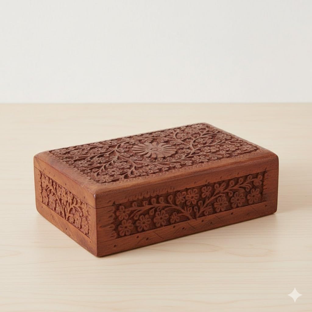 Serenz, Hand Carved Wooden Jewelry Box – Decorative Storage Box for Jewellery, Trinkets, Rings, Earrings, Keepsakes & Gift Items – Multipurpose Wooden Organizer