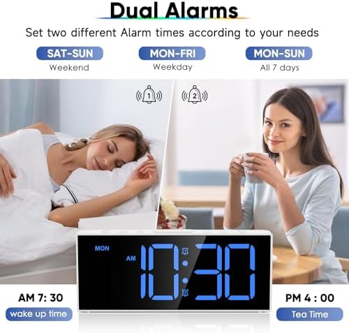 Alarm Clock with Large Display Big Numbers,5 Levels Brightness???Snooze,USB Charging Port,LED and Mirror Desk Clock,Dual Alarms Modern Electronic Clock for Bedroom Home Living Room Office. (White)