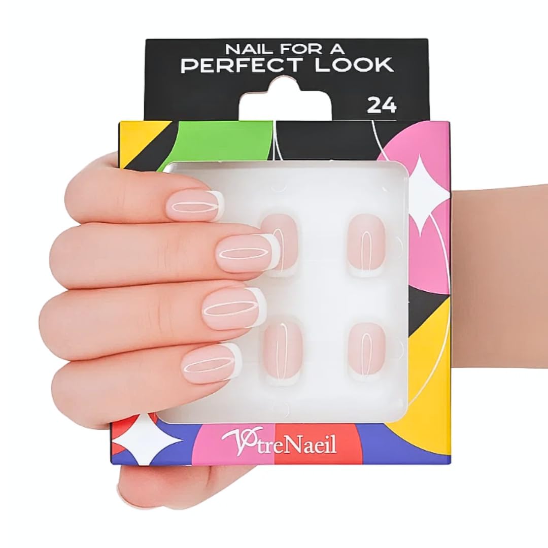 Votrenaeil Press On Nails - Classic Sheer | No Glue Short Squoval Nails with Thin French Tips for Work & Casual - 24 Pcs Nail Kit with Adhesive Tabs
