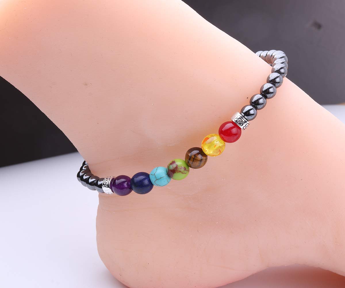 REEBOOOR Chakra Anklet Bracelet Yoga Gift 7 Chakra Anklet Boho Jewelry Amethyst Healing Anklet Bracelet Meditation Balance Chakra Anklet Energy Healing (7Chakra-Hematite)