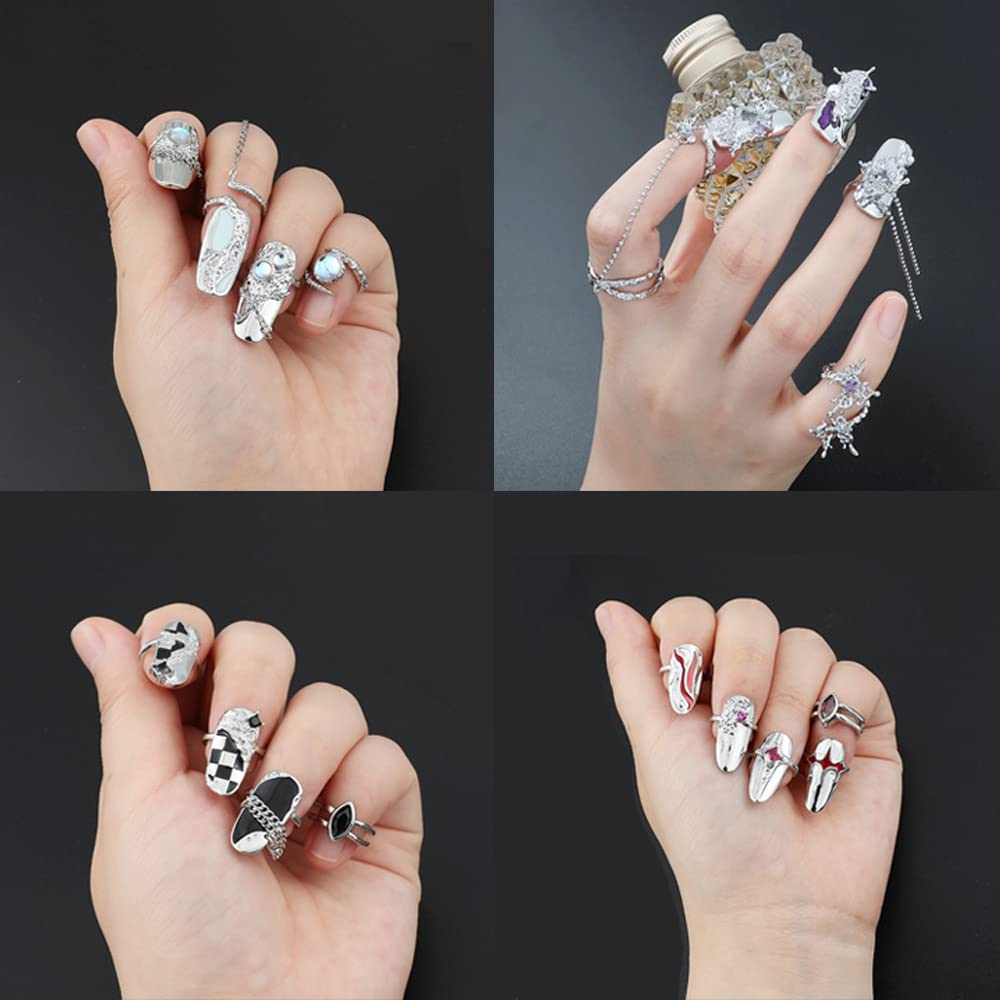 4Pcs Women Finger Tip Nail Rings, Adjustable Opening Nail Art Charms Accessories, Jewelry Fingernail Finger Tip Claw Nail, Fingernail Tip Fingernail Rings Set (Blue)