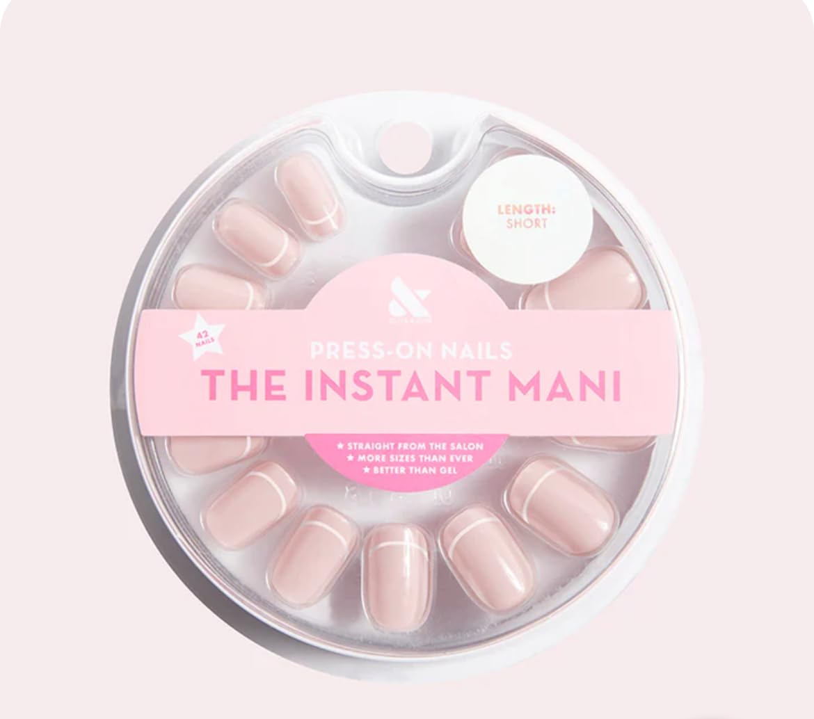 Olive & June Instant Mani Press On Nails (Glue) | Short | Squoval 42 Fake Nails, 21 Sizes Non-Toxic, Long-Lasting Recycled Materials Realistic Look | Outlined French