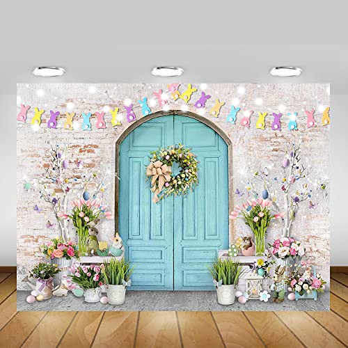 Mocsicka Easter Backdrop Blue Wooden Door with Brick Wall Bunny Rabbit Spring Photography Background Easter Day Party Decorations Photo Studio Props - size: 10x8ft(120x96 inch)
