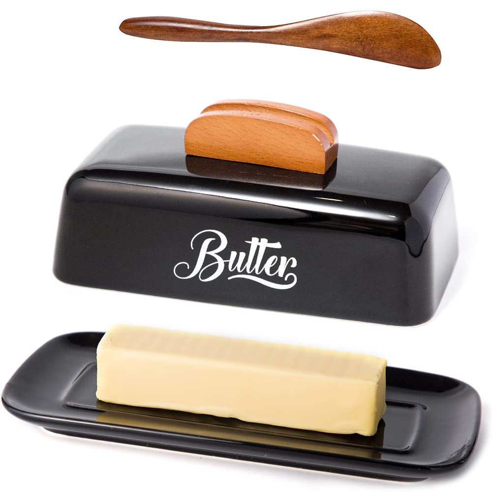 Black Butter Dish with Lid and Knife，Black Butter Tray，Ceramic Butter Holder for Counter Humanized Clamp-able Knife Handle Design Perfect for East West Coast Butter