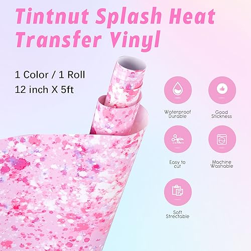 Tintnut Splash Heat Transfer Vinyl Roll - 12 Inch x 5ft Pink and White Watercolor Ink Patterned HTV Splatter Iron On Vinyl DIY T-Shirts Hats Clothes Canvas Bags - color: Pink White