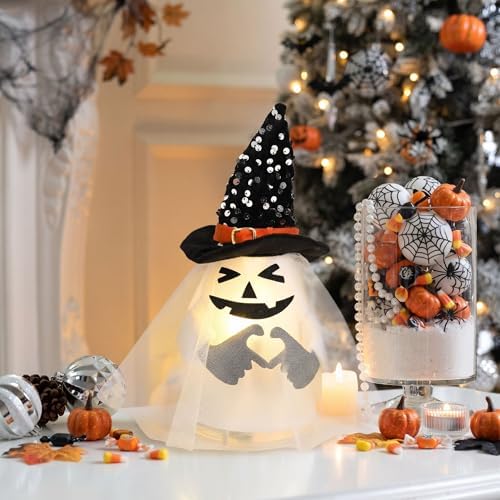 Valery Madelyn Halloween Ghost Lighted Tree Topper with Timer, 10.5 Inch Tree Topper with Spider Webs Witch Hat, Pre-Lit White Ghost Decor for Halloween Tree Decoration, Indoor Party