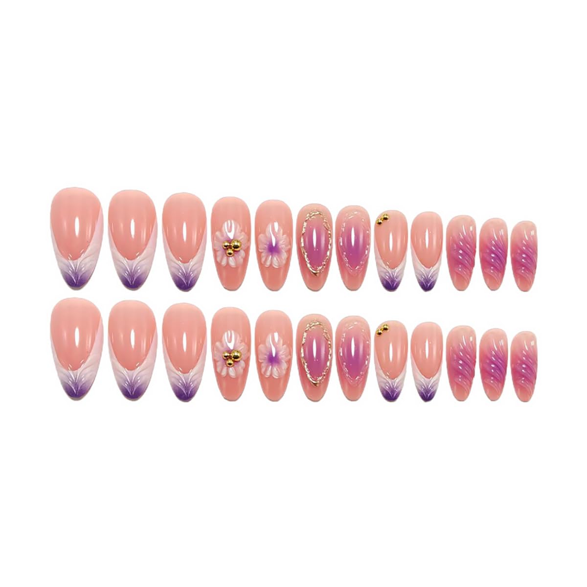 24Pcs Purple Flower Press on Nails Medium Almond Fake Nails French Tip False Nails with 3D Rhinestones Design Gilding Full Cover Artificial Glue on Nails Spring Acrylic Stick on Nails for Women DIY