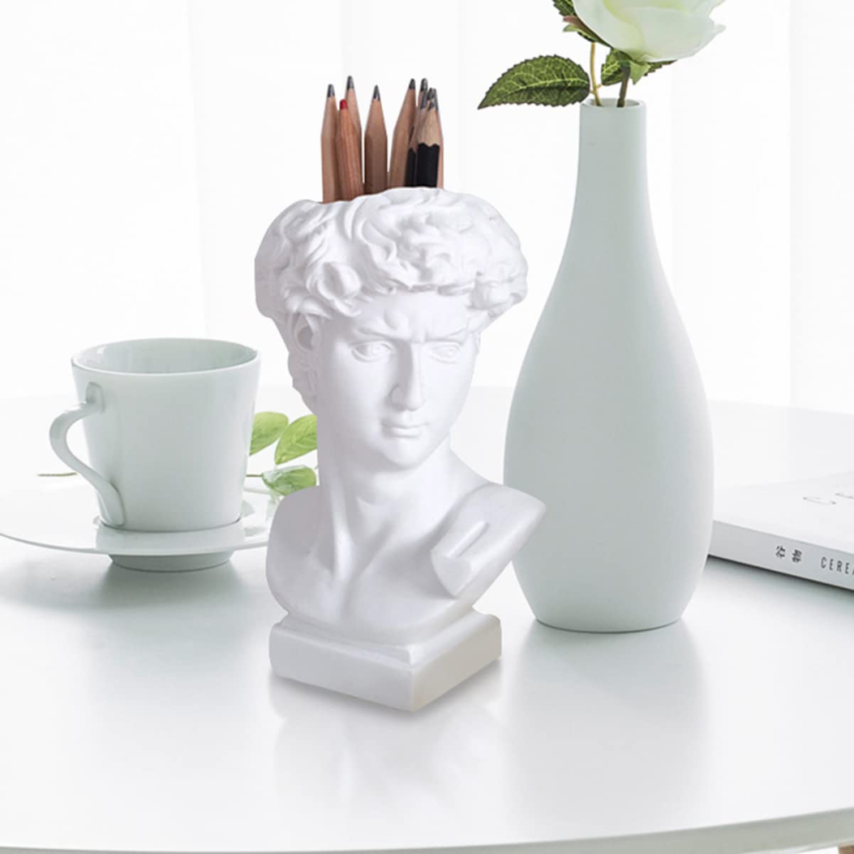 STOBOK Creative Resin Pen Holder with Mini Plant Container Funny Statue Desk Organizer for Office and Home Workspace 6.29X3.54X2.95 Inches
